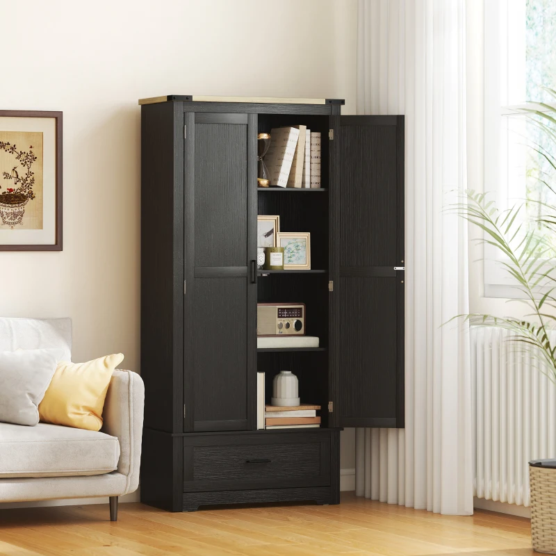 HOMCOM 69" Tall Farmhouse Kitchen Pantry Cabinet with 2 Doors, Drawer and Adjustable Shelves, Black and Brown