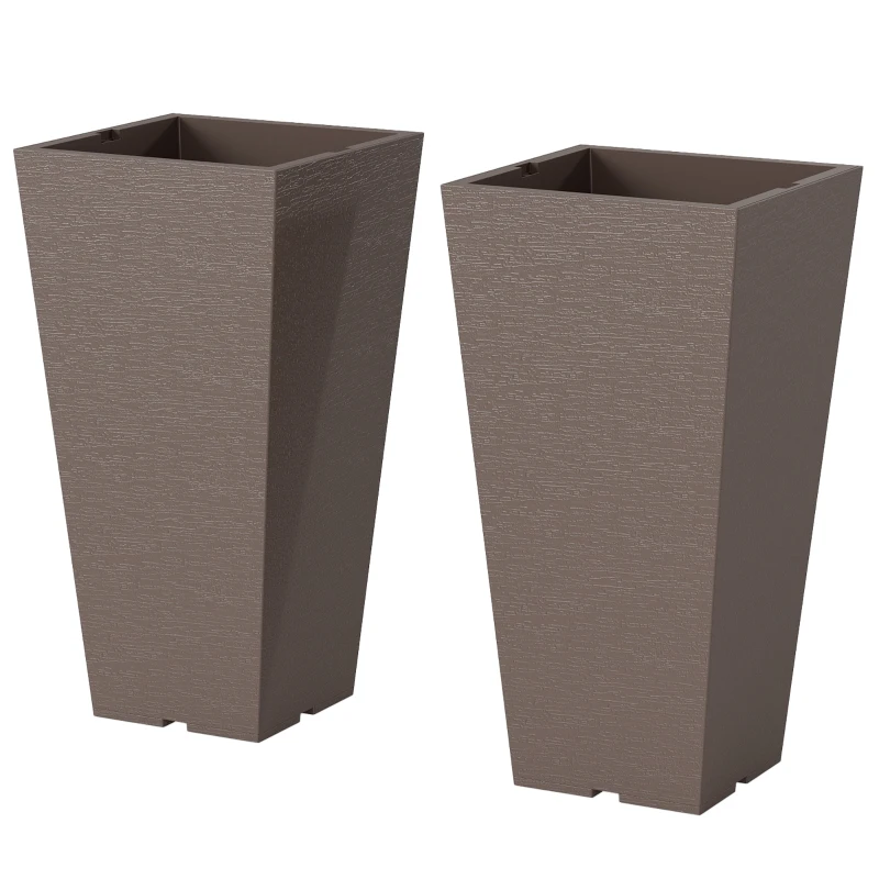 Outsunny 23 Inch Tall Planters for Outdoor Plants, Set of 2 Plastic Flower Pots, for Front Door Patio Garden Use, Brown