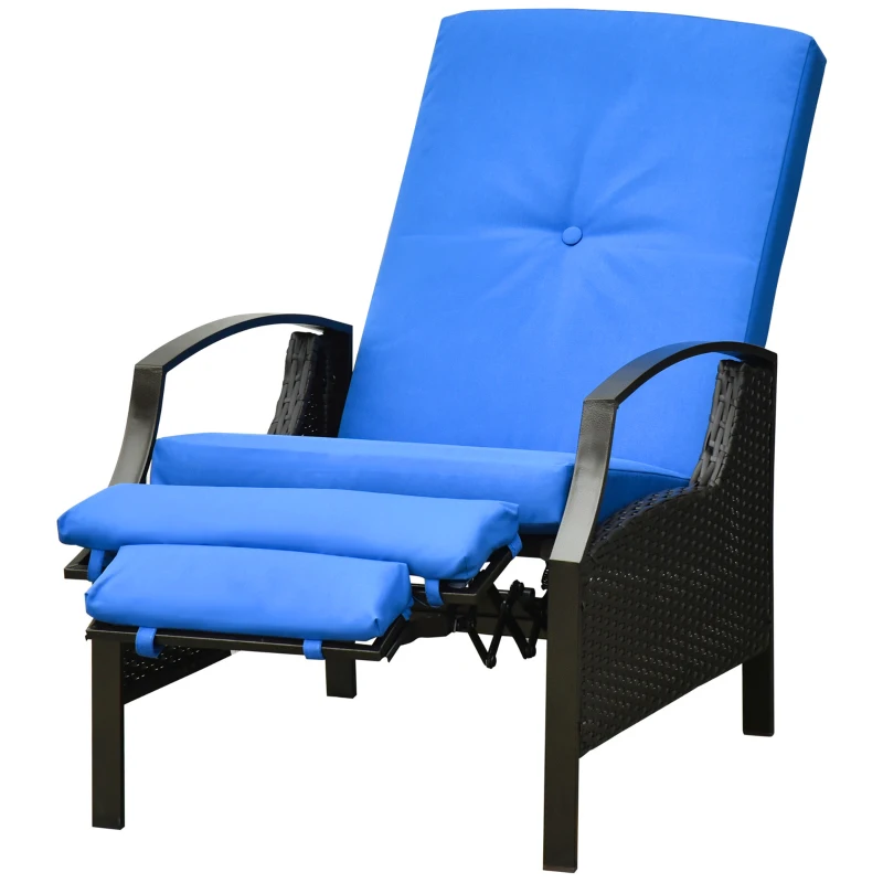 Outsunny Outdoor Rattan Recliner Chair, Wicker Reclining Chair with Adjustable Back Retractable Footrest Cushion Blue