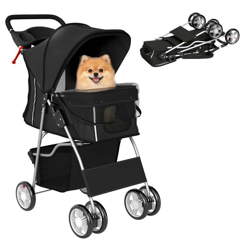 PawHut Pet Stroller with Reflective Strips, Foldable Cat Stroller with 360° Swivel Wheels for Small Dogs and Cats, Black