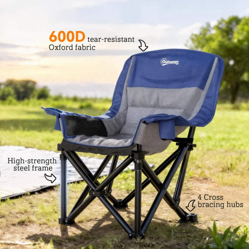 Outsunny Camping Chair for Adults, Portable Folding Camping Chair with Side Pockets, Cup Holders, Carry Bag, Blue and Gray