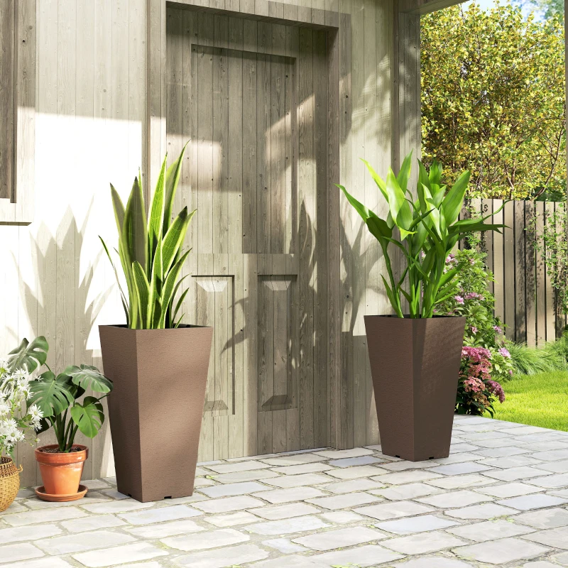 Outsunny 23 Inch Tall Planters for Outdoor Plants, Set of 2 Plastic Flower Pots, for Front Door Patio Garden Use, Brown