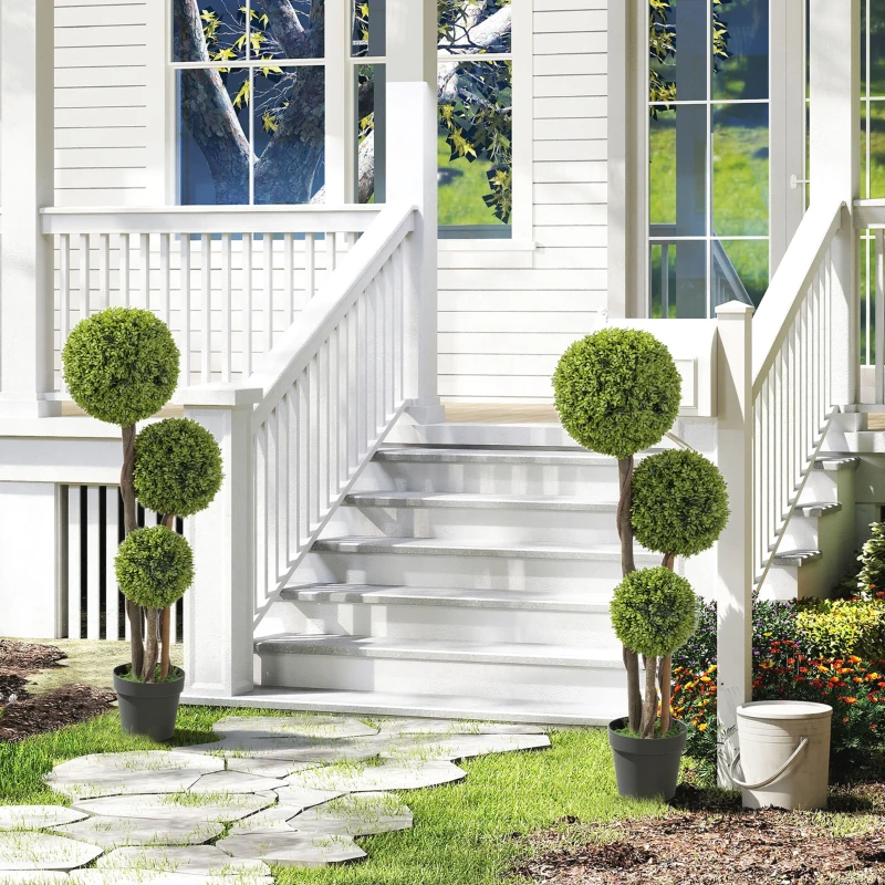 HOMCOM 45 Inch Potted Fake Plant Set of 2, Artificial Boxwood Topiary Tree, Triple Ball Tree for Indoor and Outdoor, Green