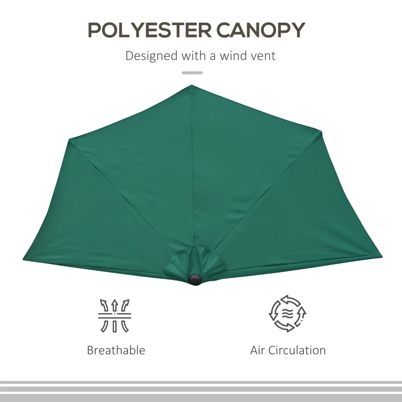 Outsunny 9ft Half Round Patio Umbrella, Outdoor Market Patio Table Umbrella Parasol with Crank Mechanism, 5 Ribs, Dark Green
