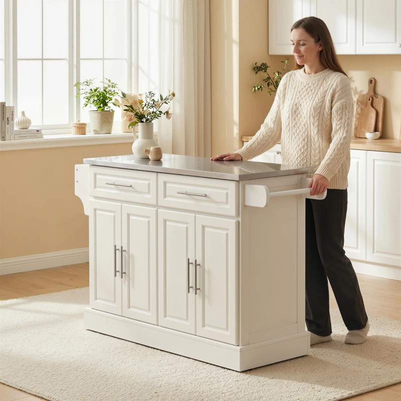 HOMCOM Rolling Kitchen Island with Stainless Steel Top, 2 Drawers, Spice, Knife and Towel Rack and Cabinets, Cream White