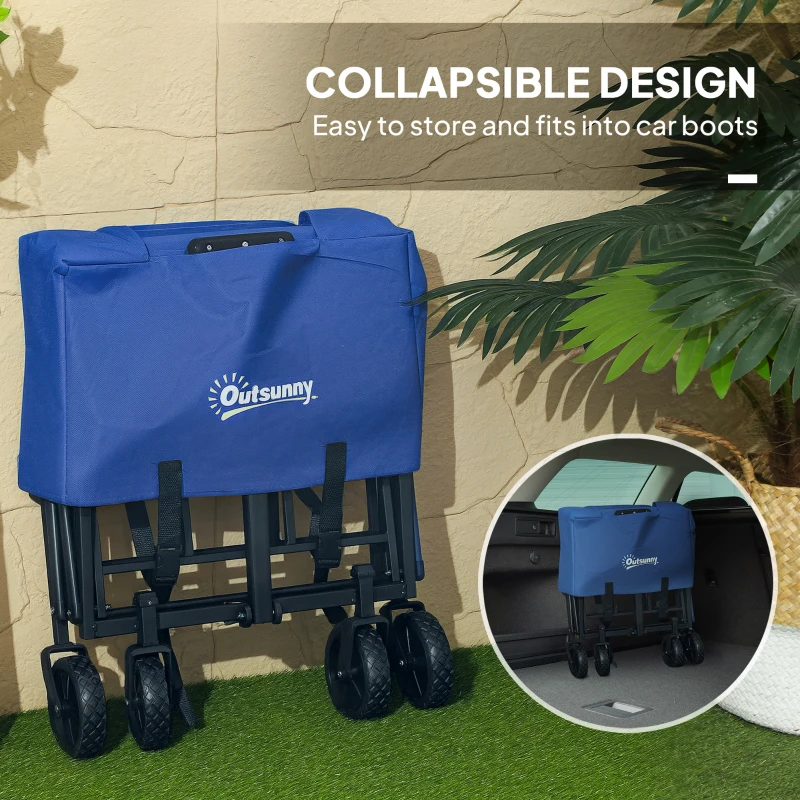 Outsunny Collapsible Folding Garden Cart, Heavy Duty Lawn Wagon with Universal Wheels and Adjustable Handle, Blue