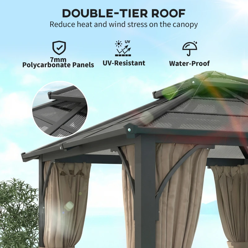 Outsunny 10' x 10' Hardtop Gazebo with 7mm Polycarbonate Double-Tier Roof, Outdoor Gazebo with Netting and Curtains, Khaki