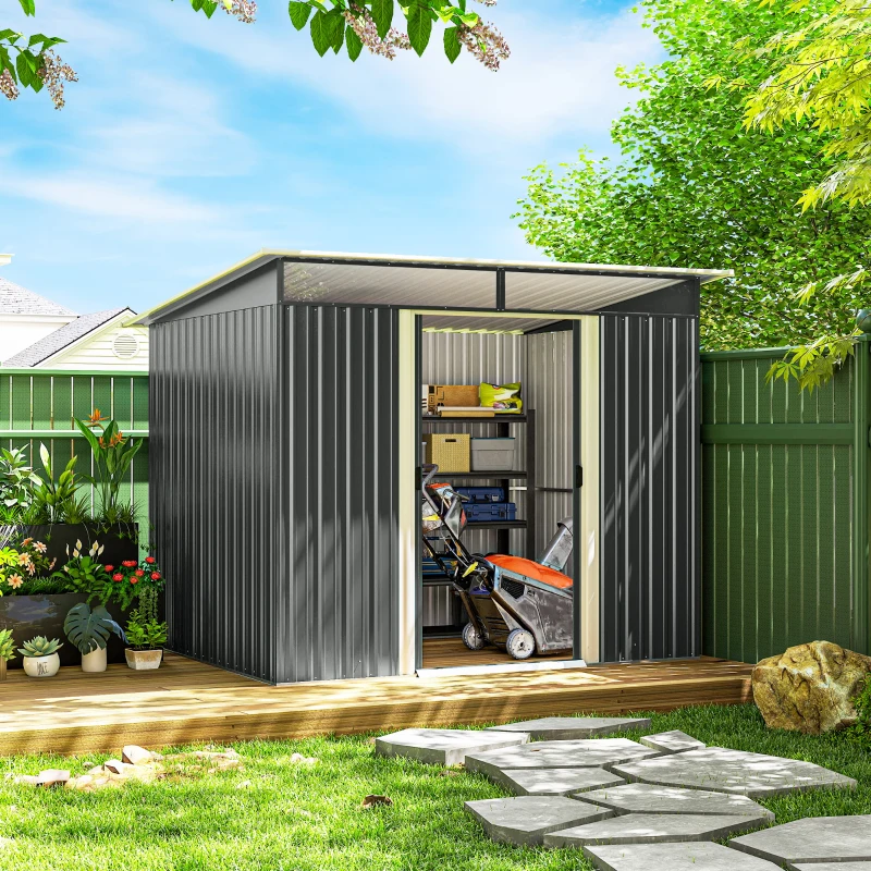 Outsunny 9' x 6.5' Outdoor Metal Garden Shed Utility Tool Storage Steel Backyard House, Dark Grey