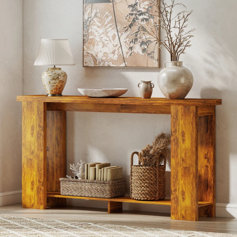 HOMCOM Farmhouse Console Table, 63" Narrow Entryway Table with Thickened Tabletop for Living Room, Hallway, Distressed Brown