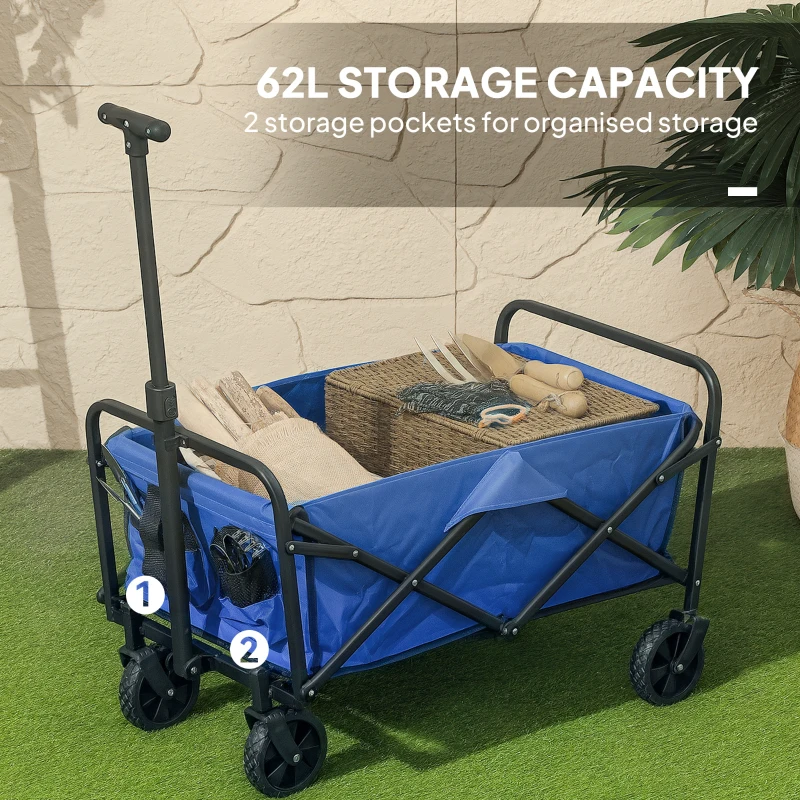 Outsunny Collapsible Folding Garden Cart, Heavy Duty Lawn Wagon with Universal Wheels and Adjustable Handle, Blue