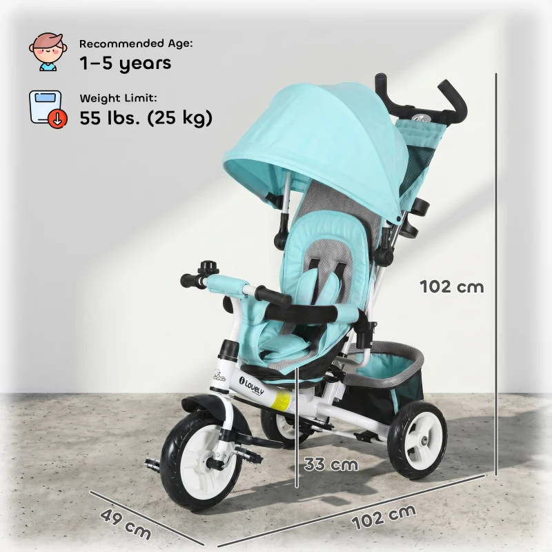 Qaba 6 in 1 Tricycle for Toddler 1-5 Years with Parent-Push Handle, Green