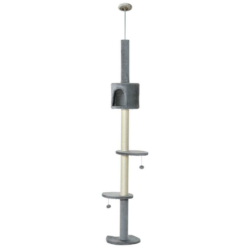 PawHut 4-Tier Floor to Ceiling Cat Tree, Tall Cat Tower with Scratching Post, Plush Padding, Toy Ball, Cat Condo for Indoor Cats, Light Grey