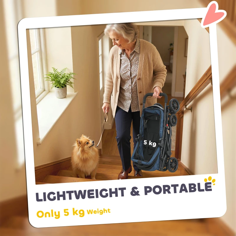 PawHut Foldable Pet Stroller for Small Dogs and Cats with 4 Wheels, Mesh Windows, Brake, Removable Pad, Storage Tray, Dark Blue