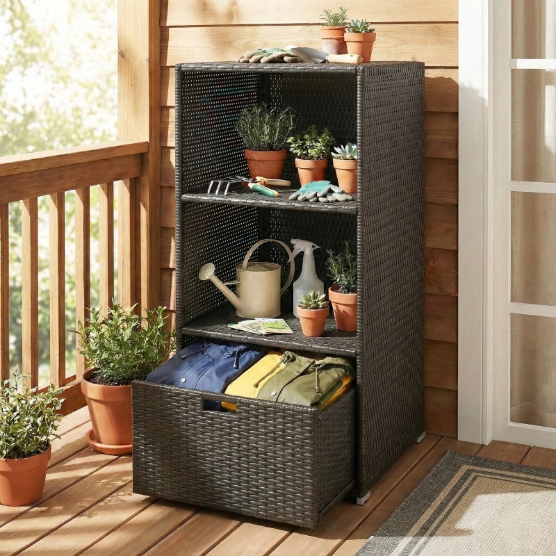 Outsunny Valet Pool Towel Rack, Water-Resistant PE Plastic Rattan Wicker Storage Organizer, 2 Shelves, 1 Basket Drawer