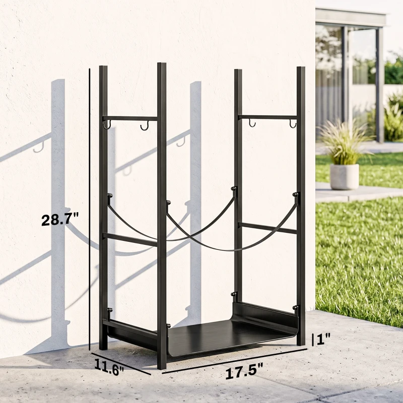 Outsunny Firewood Rack with Fireplace Tools, Indoor Outdoor Firewood Holder, Flat Bottom with 2 Tiers for Fireplace, Wood Stove, Hearth or Fire Pit, Black