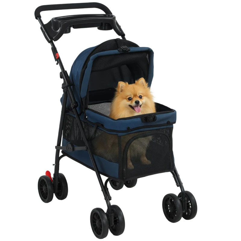 PawHut Foldable Pet Stroller for Small Dogs and Cats with 4 Wheels, Mesh Windows, Brake, Removable Pad, Storage Tray, Dark Blue