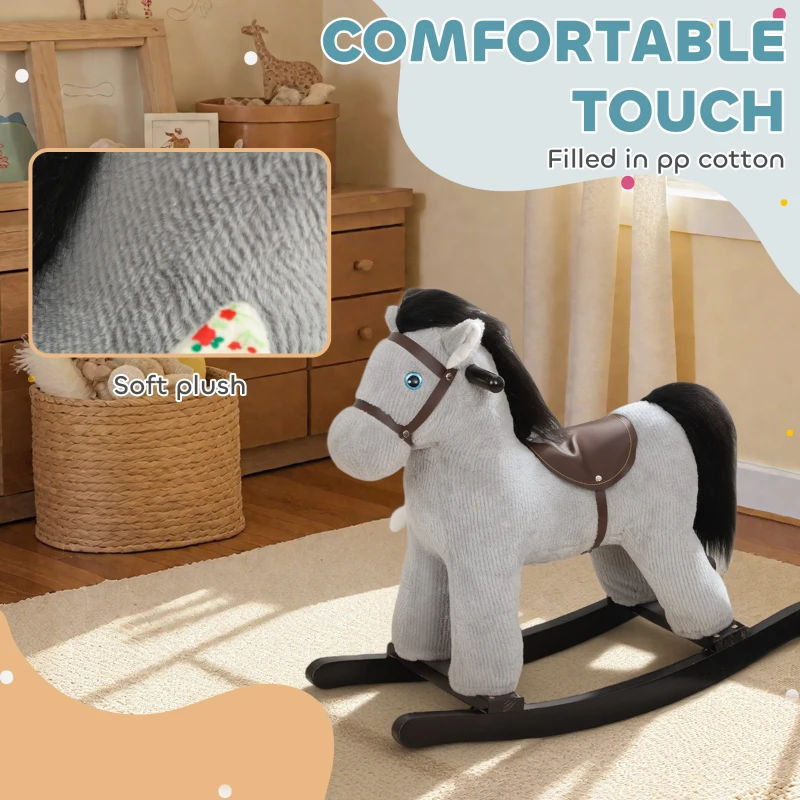 Qaba Kids Rocking Horse, Plush Toddler Ride on Toy with Realistic Neigh and Toy for 2–5 Years Old, Gray