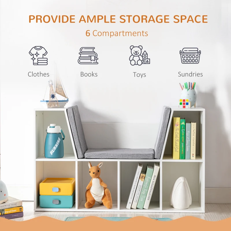 HOMCOM 6-Cubby Kids Bookcase with Reading Nook and Cushion, Multi-Purpose Storage Organizer for Bedroom, Living Room, Pure White