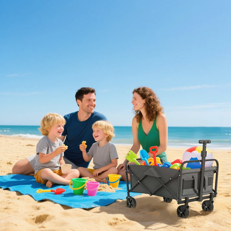 Outsunny Collapsible Folding Garden Cart, Heavy Duty Lawn Wagon with Universal Wheels and Adjustable Handle, Grey