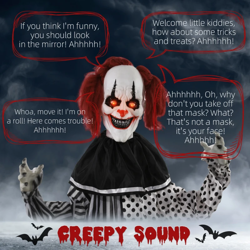HOMCOM 6' Clown Animatronic, Red Haired Life Size Outdoor Halloween Decoration with Motion Activated Sound & Light Up Eyes