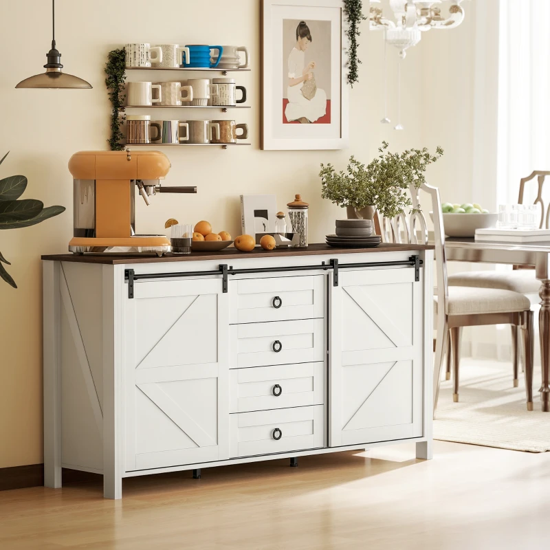 HOMCOM 60" Buffet Cabinet, Farmhouse Sideboard with Sliding Barn Doors, Drawers and Adjustable Shelves, Cream White