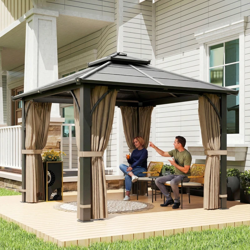 Outsunny 10' x 10' Hardtop Gazebo with 7mm Polycarbonate Double-Tier Roof, Outdoor Gazebo with Netting and Curtains, Khaki