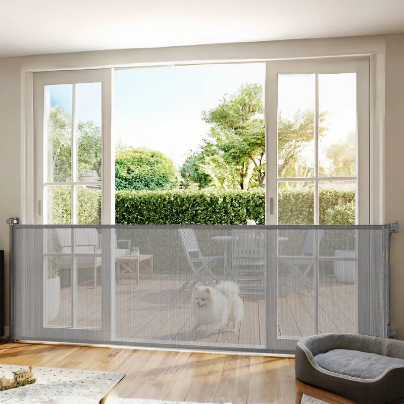 PawHut Retractable Dog Gate, 41" Tall,  Extends to 122" Wide, Mesh Pet Gate with Single Hand Operation, for Stairs, Doorways