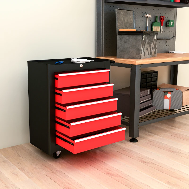 HOMCOM 5 Drawer Roller Tool Chest, Lockable Toolbox, Storage Organizer with Handle for Workshop Mechanics Garage, Black and Red
