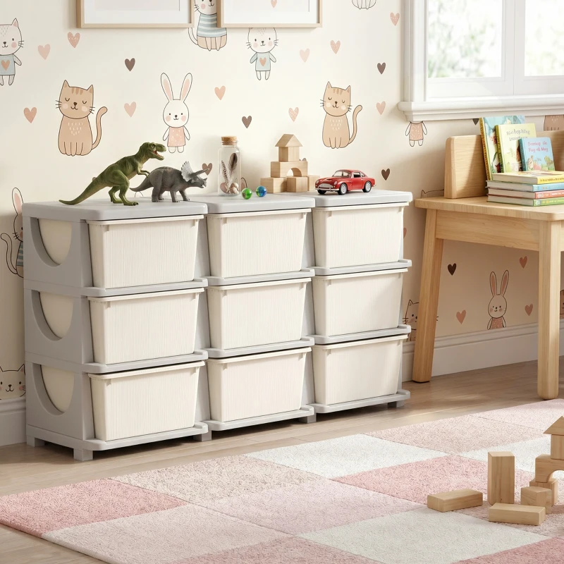 Qaba 29.5" 3 Tier Kids Storage Unit Dresser Tower w/ 9 Drawers, Cream White