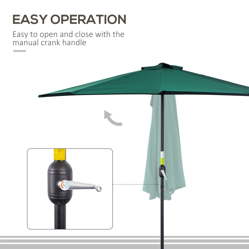 Outsunny 9ft Half Round Patio Umbrella, Outdoor Market Patio Table Umbrella Parasol with Crank Mechanism, 5 Ribs, Dark Green