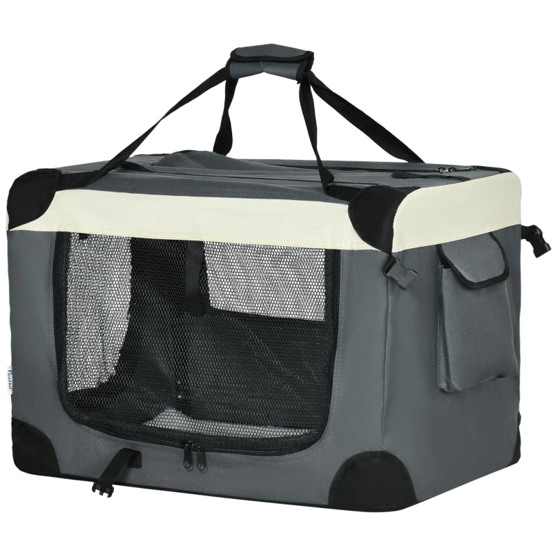 PawHut 24" Foldable Pet Carrier with Removable Mat, Breathable Mesh, Soft Side Pet Travel Crate for Cat & Miniature Dogs, Grey