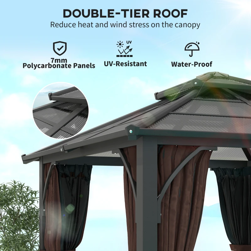 Outsunny 10' x 10' Hardtop Gazebo with 7mm Polycarbonate Double-Tier Roof, Outdoor Gazebo with Netting and Curtains, Coffee