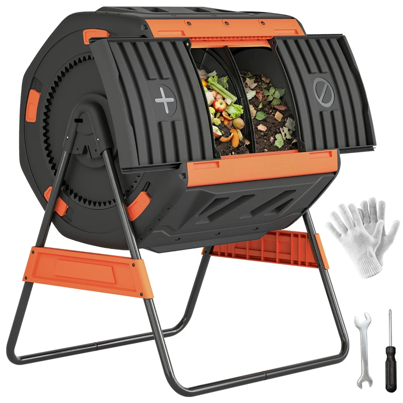 Outsunny Compost Bin Outdoor, 53 Gal Dual Chamber Tumbling Composter with Adjustable Vents, BPA Free Tumbling Composter, Orange
