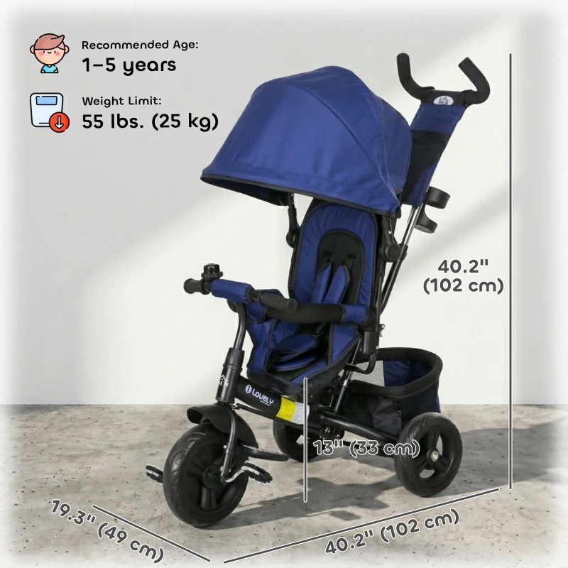 Qaba 6 in 1 Tricycle for Toddler 1-5 Years with Parent-Push Handle, Dark Blue