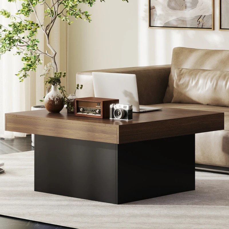 HOMCOM Square Coffee Table with 16-Colour LED Lights, 35-inch Modern Center Table for Living Room, Walnut