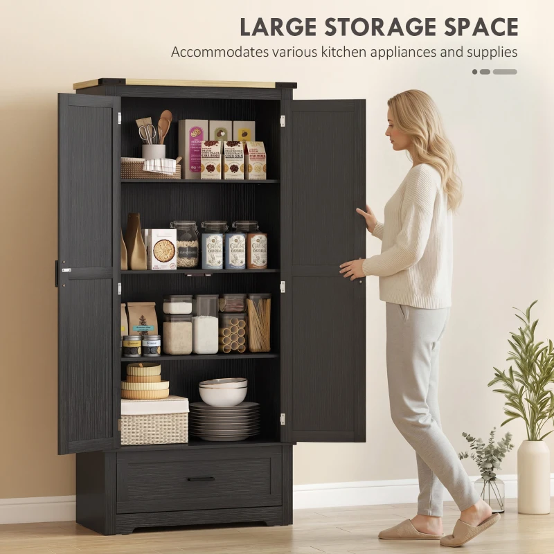 HOMCOM 69" Tall Farmhouse Kitchen Pantry Cabinet with 2 Doors, Drawer and Adjustable Shelves, Black and Brown