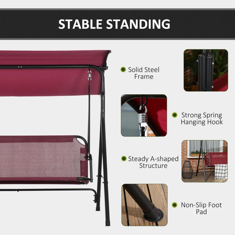 Outsunny 3-Seater Outdoor Porch Swing with Adjustable Canopy, Patio Swing Chair for Garden, Poolside, Backyard, Wine Red
