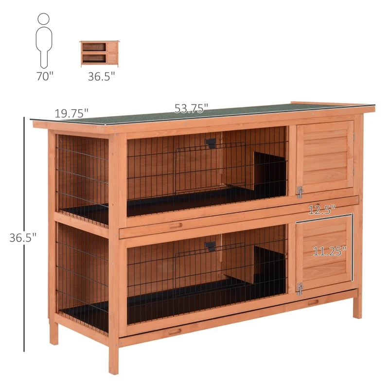 PawHut 54" 2-Story Large Rabbit Hutch Bunny Cage Wooden Pet House Small Animal Habitat Lockable Doors, Tray, Roof, Orange