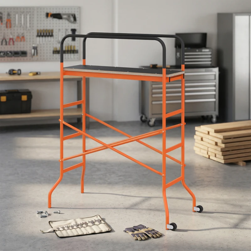 HOMCOM Scaffolding Work Platform, Rolling Scaffolding with Wheels, Scaffold for Building Construction, Orange