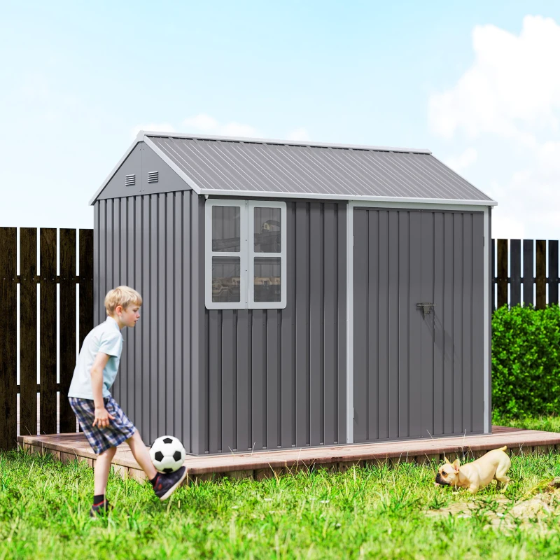 Outsunny 8' x 5.5' Metal Garden Storage Shed, Extra Large Outdoor Tool Storage House w/Lockable Doors, Window, Air Vents, Gray