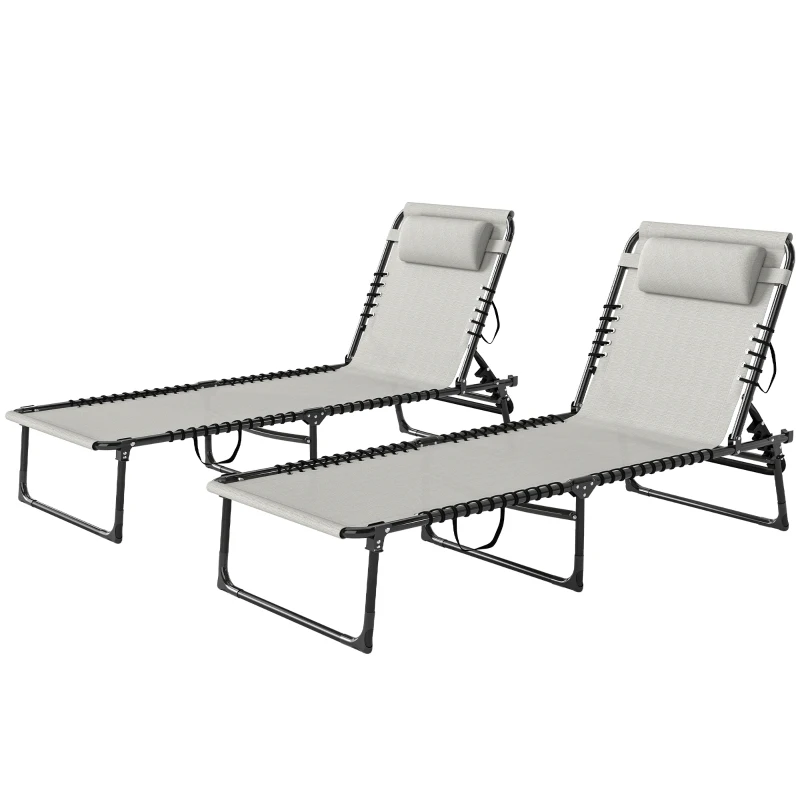 Outsunny 2 PCs Folding Lounge Chairs, Adjustable Chaise Lounges with Headrest for Camping, Hiking, Cream White