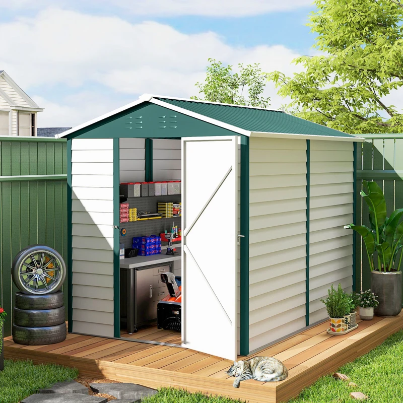 Outsunny 9' x 6' Garden Shed, Outdoor Storage Patio Shed w/ Sloped Roof, Lockable Door for Patio Lawn, Green