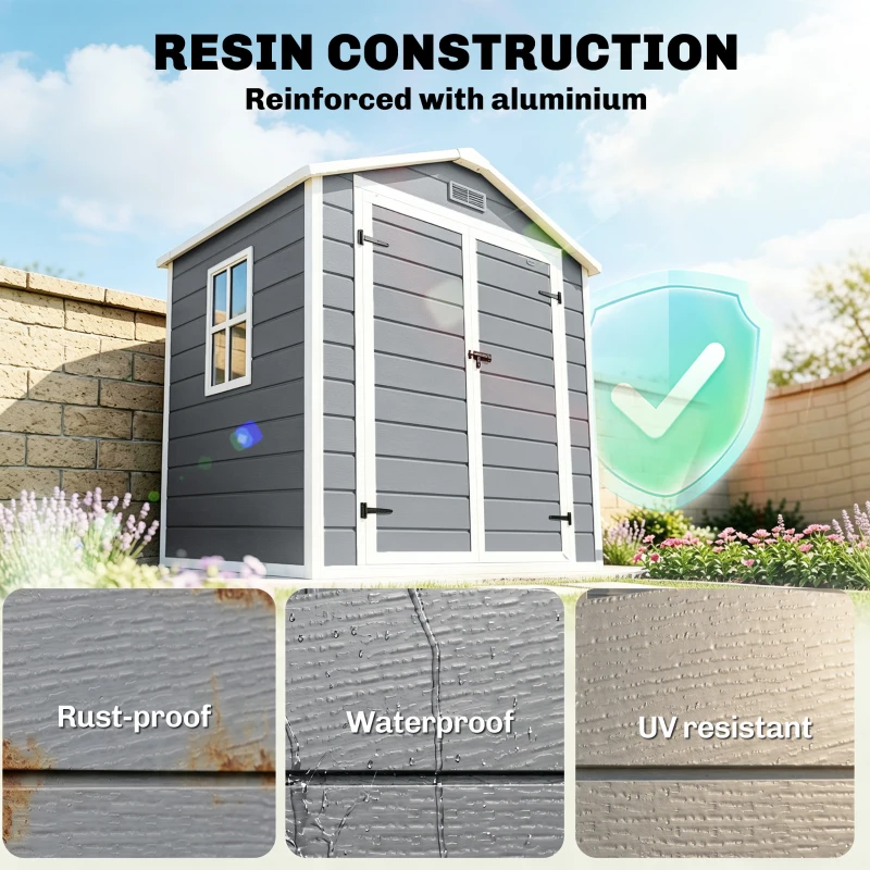 Outsunny 6x4.5FT Plastic Shed, Lockable Garden Tool Storage House with Double Doors and Vent, Grey