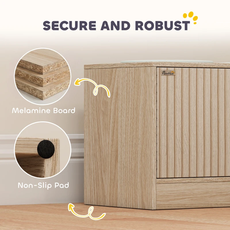 PawHut Raised Dog Bowls with Storage, Slow Feeder,  2 Stainless Steel Food and Water Bowl Non-Slip, Oak