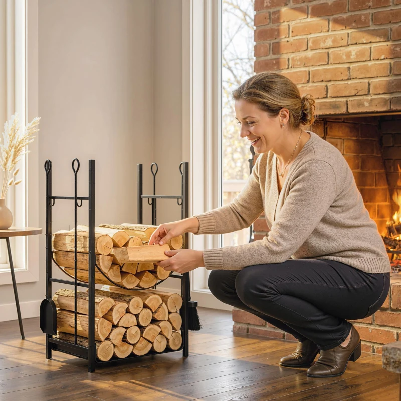 Outsunny Firewood Rack with Fireplace Tools, Indoor Outdoor Firewood Holder, Flat Bottom with 2 Tiers for Fireplace, Wood Stove, Hearth or Fire Pit, Black