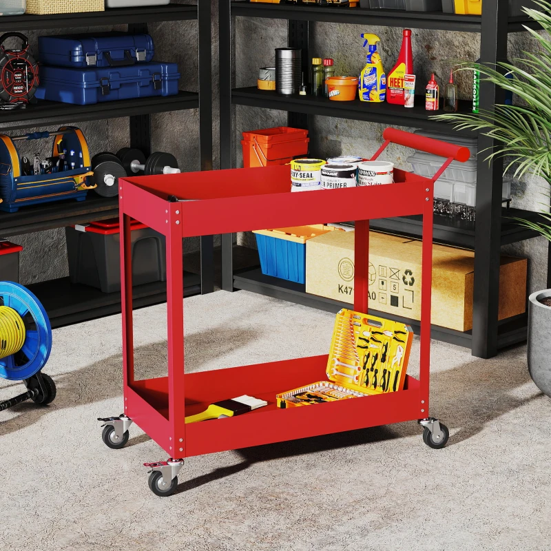 DURHAND Rolling Tool Cart, 2 Tier Mobile Service Utility Cart with Wheels, Red