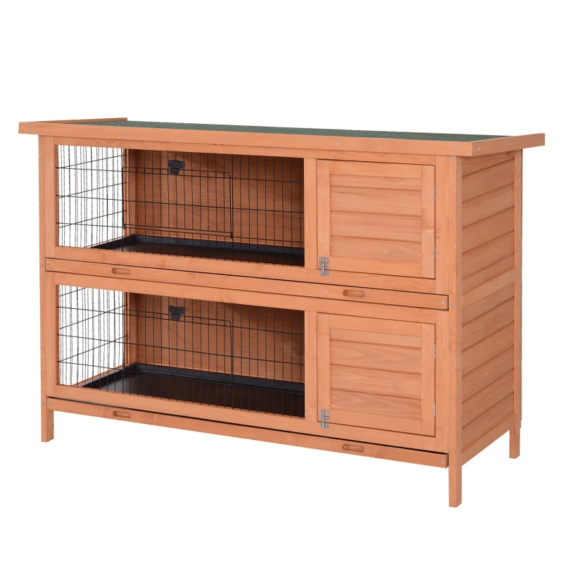 PawHut 54" 2-Story Large Rabbit Hutch Bunny Cage Wooden Pet House Small Animal Habitat Lockable Doors, Tray, Roof, Orange