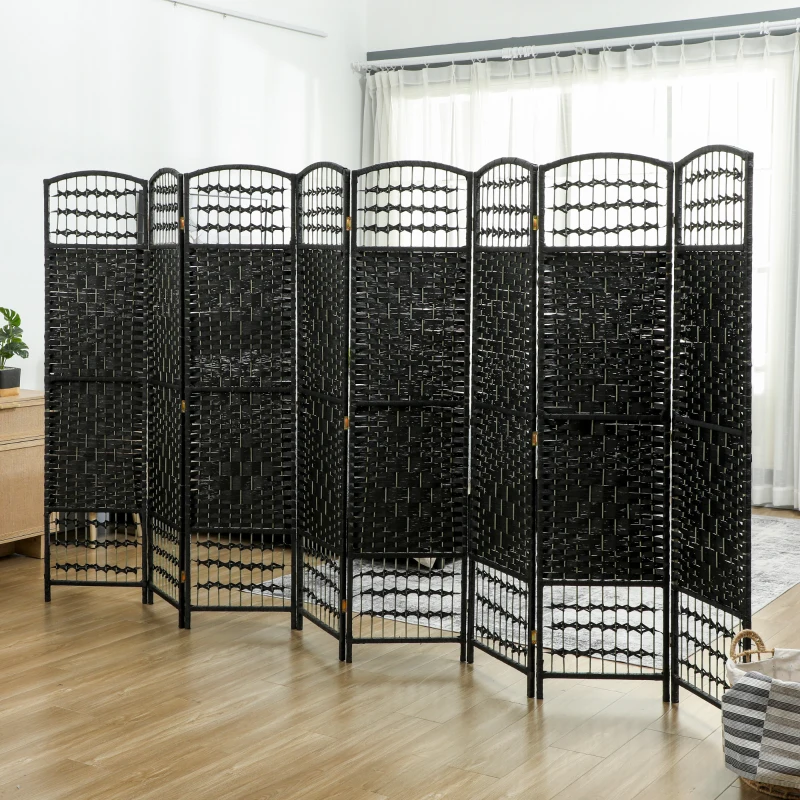 HOMCOM 8 Panel Folding Room Divider Portable Privacy Screen Wave Fiber Room Partition for Home Office Black