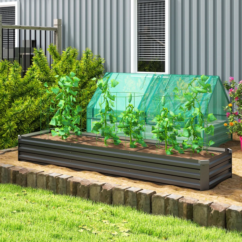 Outsunny 8x2x1ft Galvanized Raised Garden Bed Kit with Safety Edging for Flowers, Herbs and Vegetables, Dark Gray