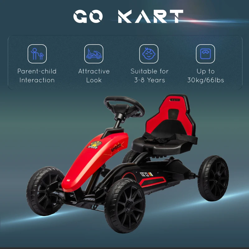 Aosom Pedal Go Kart for Kids, Pedal Car with Swing Axle, Adjustable Bucket, Handbrake, 4 EVA Wheels Powered Ride, Indoor Foot Racer, for 3-8 Years Old, Red